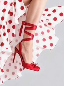 Ballet High Heels Pumps For Women Mary Janes Style Lace-Up Stiletto Heels With Bow Satin Square Toe Elegant  Strappy High Heels Women's Dancing Party Weeding Shoes  - Đỏ - Xem 7