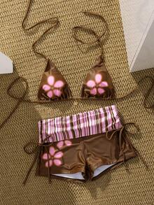 PEPPERMOLLY 2026春夏热销深红色碎花两件套比基尼，弹力面料，性感时尚设计，女士沙滩度假必备单品 - 棕色 - 查看 4