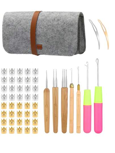 3pcs Dreadlock Crochet Hooks, 0.75mm Bamboo Handle Dreadlock Crochet Needles, 5 Sizes Curved Lock Hooks, Crochet Needles For Hair Braiding, With 8pcs Dreadlock Coils And Dreadlock Tool