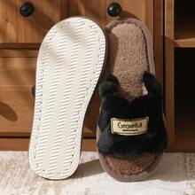 斜条纹毛绒家居拖鞋，柔软保暖，字母图案，EVA防滑鞋底，男女通用 - 黑色 - 查看 6