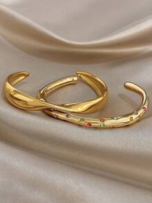 18K Gold Plated Stainless Steel Edgy Cuff Bangle Bracelets Set With Multicolor Zirconia For Women, Wear On Wrist, Not Arm, Textured Boho Stackable Bangles, For Valentines, Party, Gala, Daily, Dating, Mardi Gras, New Years, Wedding, Beach, Christmas Anniversary, Elegant Mom Gift Boho Jewelry Birthday Bridesmaid Gift - Multicolor - View 8