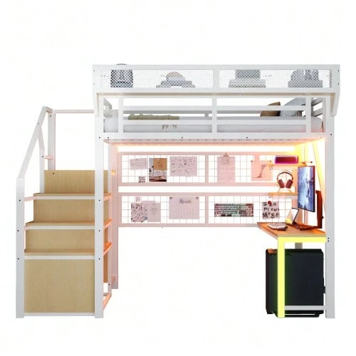 Metal Loft Bed 140 * 200 Cm, With Desk, Shelf And Storage Net, Complete With Safety Ladder, LED Lighting And Socket, Raised Railing, Black - White - View 1