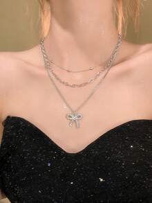 New Arrival Multi-Layer Rhinestone Bow Tie Choker Necklace For Women, Luxury Minimalist Delicate Necklace - Silver - View 6