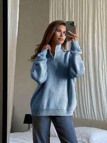 Women's Simple Ribbed Solid Color Casual Korean Textured Commute Loose Versatile Stand Collar Zipper Half-Placket Pullover Long Sleeve Sweater, Spring/Autumn/Winter - Baby Blue - View 5