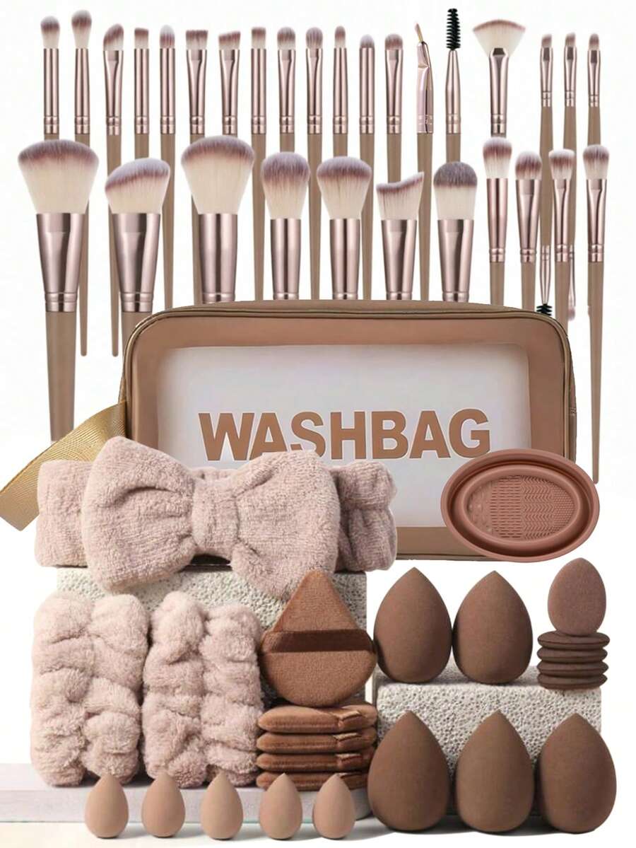 Bộ cọ trang điểm 55 món, bao gồm: 1 túi đựng mỹ phẩm chống thấm nước có khóa kéo đa năng + 30 cọ trang điểm + 5 bông mút trang điểm + 5 bông mút trang điểm mini + 5 bông phấn tam giác + 5 bông phấn nền mini + 1 băng đô + 2 bát rửa tay + 1 dụng cụ vệ sinh cọ trang điểm - Nhiều màu - Xem 1
