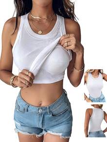 Ribbed Tank Tops For Women Built In Bra High Neck Racerback Shelf Bra Summer Casual Comfortable Yoga Shirts Sleeveless Undershirt - 白色 - 查看 1