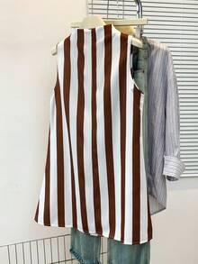 女士无袖A字迷你连衣裙，撞色条纹印花，圆领，后背拉链——休闲优雅的夏季连衣裙，适合度假、派对、海滩和日常穿着，春夏季节皆宜。 - 咖啡棕 - 查看 7