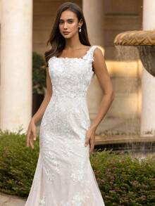 Elegant Off Shoulder Backless Lace Appliqué Mermaid Wedding Dress With Sqaure Neck, Registry Office Dresses Bridal Gown, Evening Party Dress Birthday Party Dress Country Wedding,Romantic Church Ceremony Wedding Dress,Suitable For Wedding, Dating, Party, Singles' Party, Vacation, Formal Occasions, Dinner Dress, Prom Dress, Homecoming Dress, Cocktail Party, Wedding Guest Dress, Graduation - 白色 - 查看 5