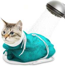 Bolsa de baño para gatos, bolsa de ducha de malla transpirable para gatos anti-arañazos ajustable para recorte de uñas, bolsa de lavado suave de poliéster - Blanco-Verde - Ver 4