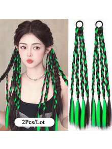 2pcs Fashionable Colorblock Elastic Braided Hair Bands, Ponytail Hair Extensions, Rainbow Color Hair Ties, Boxer Braid Synthetic Hair Extensions, Ombre Hair Scrunchies, Suitable For Women, Girls And Kids For Daily And Party Decor, Length 45cm - Multicolor - View 19