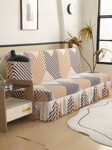 1pc Geometric Pattern Skirt Style Sofa Bed Cover Without Armrests, Polyester Fiber Sofa Cover, Suitable For All Seasons, Simple And Modern - Apricot - View 1