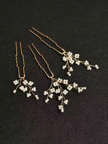 3pcs/Set Handmade Faux Pearl & Rhinestone Asymmetrical Hair Pins, Bridal Headpiece Accessories For Wedding Dress,Summer,Beach - 63313 White - View 4