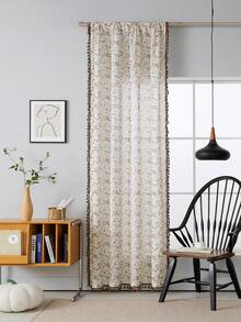 1pc Pink & Gray Floral Embroidered Sheer Boho Window Curtain, Living Room/Bedroom Lace Trim Voile Curtain, Moranji Color Soft Breeze Curtain, Delicate Edging Home Decor - Beige - View 6