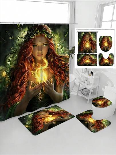 1/4件装生命女神布里吉德帆布画，凯尔特火神图案印花防水浴帘套装，宁静疗愈，防水防霉，加厚涤纶面料，免打孔安装，防滑垫，吸水马桶垫，数码印花，不褪色，可机洗，四季皆宜，节日限量版