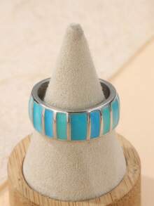 New Arrival Silver Handmade Artist Painting Ring, Memorial Ring, Gift Ring, Bohemian Style Wide Band Ring - Blue - View 4
