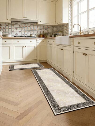 1pc Silica Gel Kitchen Floor Mat, Featuring Distressed Beige Texture Center, Surrounded By Narrow Dark Brown Frame With Intricate Vintage Floral Gold Pattern, Elegant European Palace Style With Retro Charm And Visual Depth. Suitable For Kitchen, Bathroom, Entryway, Laundry Room, Bedroom, Living Room Decor.