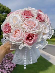 8.66 Inch Artificial Wedding Bouquet, Bridal Faux Pearl Veil Decorated Rose Bouquet, Suitable For Wedding Ceremony, Anniversary, Homecoming And Other Occasions, Valentine's Day Gift,Festival,Birthday - Multicolor - View 12