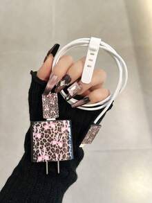 4 Peças Capa Protetora de Carregador com Design de Laço em Estampa de Leopardo em TPU, Compatível com iPhone 13/14/15, Compatível com Adaptador de 18W/20W - Inclui Capas para Cabo e Ponta, Presente Ideal - Multicolorido - Visão 3