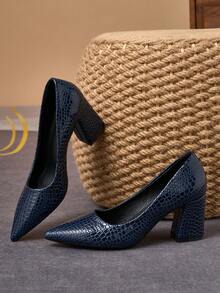 MonaNise Chaussures à talons hauts épais de 7 cm à bout pointu pour femmes, polyvalentes pour les fêtes, les occasions décontractées et formelles - Bleu marine - Voir 6