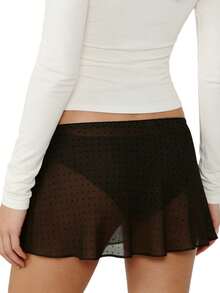 Women's Mesh Mini Skirts Fashionable Dot Print/Solid Color Low Rise Going Out Flowy Skirt - Dark Brown - View 2