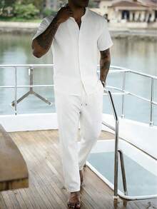2pcs Men's Polo Collar Button Short Sleeve Top + Elastic Waist Pants Pajama Set - White - View 3