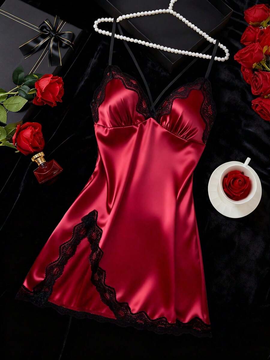 Women's Nightgown, Mature Floral Print Satin Lace Trim Sleepwear Dress, V-Neck Criss-Cross Open Back Spaghetti Strap Slip Dress, Comfortable Robe - 酒紅色 - 查看 1