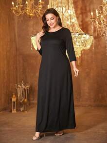 SUPGIR Plus Size Women Round Neck Long Sleeve Sequin Patchwork Satin Elegant Evening Dress Spring - Gold - View 5