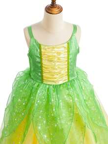 Bộ 5 món gồm váy lưới không tay màu vàng xanh cho bé gái, vương miện, đũa phép và găng tay, trang phục hóa trang chơi trò chơi nhập vai, trang phục dự tiệc Giáng sinh. - vàng-xanh lá cây - Xem 5