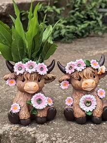 Resin Highland Cow Planter And Pen Holder - Cute Animal Desktop Storage, Mini Succulent Planter And Pen Cup, Suitable For Home, Office, Desk And Patio - Ideal Housewarming And Plant Lover Gift (A) - Multiple Styles - View 6