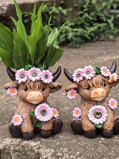Maceta y portalápices de resina con vaca de las tierras altas - Lindo almacenamiento de escritorio con animal, mini maceta para suculentas y taza para lápices, adecuado para el hogar, la oficina, el escritorio y el patio - Regalo ideal para inauguración de casa y amantes de las plantas (A)