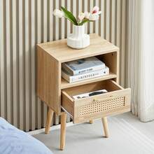 Rattan Side Table With Drawer And Solid Wood Legs, Modern Bedside Table, Side Table For Living Room, Bedroom, Natural Wood Look - H55/W40/D30 Cm - Natural Materials + Medium Density Fiberboard - View 1