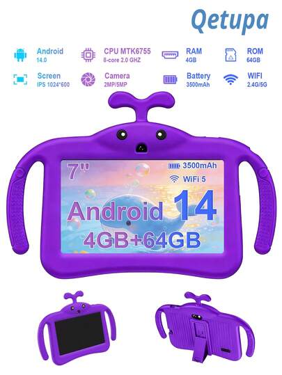 Qetupa 7英寸儿童平板电脑，配备防摔保护壳，搭载Android 14系统，鲸鱼造型，4GB RAM + 64GB ROM，1024*600 IPS触控屏，3500mAh电池，2MP+5MP双摄像头，支持蓝牙和WiFi连接，适合早教、阅读和游戏。轻巧设计，钢化玻璃屏幕，随时随地享受娱乐；是送给男孩女孩的理想礼物（不含电源适配器，不支持SIM卡）。