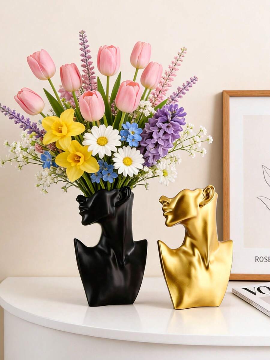 Abstract Face Resin Vase - White Minimalist Side Sculpture With Hollow Head Design, Suitable For Pampas Grass, Dried Flowers And Green Plants Decor In Living Room Shelves, Bedroom Vanity And Entryway Console, Adding Bohemian Artistic Style, Fashion Home Decor Accents, Vase, Vase Centerpiece, Vase, Vase, Spring Decor, Home Decor - Multicolor - View 1