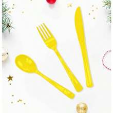 75 Pack Yellow Plastic Cutlery Heavy Duty Yellow Plastic Knives Forks And Spoons Disposable Silverware Set For 25 Guest Camping Birthday Baby Shower Party Cutlery Set - Yellow - View 2