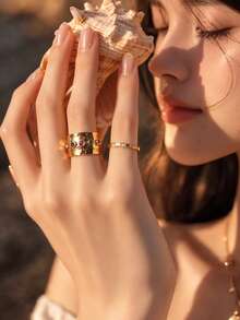 18K Gold Plated Stainless Steel Waterproof Adjustable Open Ring For Women, Hammered Wide Band Statement Ring With Multicolor Rhinestone Crystals, Tarnish-Free Hypoallergenic Jewelry - Open Ring - View 2