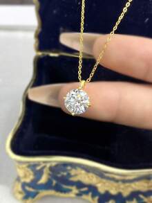 1件经典四爪镶嵌莫桑石925纯银项链，优雅奢华，订婚/结婚/周年纪念/闺蜜礼物，新娘首饰 - 金色 - 查看 3