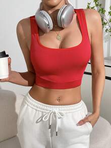 Women's Solid Red Knit Ribbed Cropped Top - Red - View 2