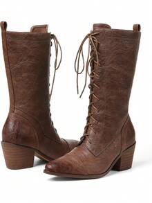 Women's Brown Retro Mid Calf Boots Lace Up Side Zipper Block Chunky Heels Boots Vintage Fashion Casual Comfortable Party Dress Christmas Halloween Outfit Autumn Winter Fall Boots - màu nâu - Xem 9