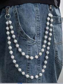 1pc Fashion Street Hip-Hop Pants Chain, Handmade Ceramic Rhinestone Ball Waist Chain, Unisex Casual Wear Body Chain - Multicolor - View 5