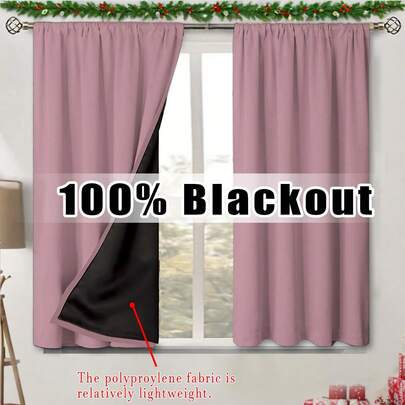2pcs Lotus Pink Blackout Small Curtains, Rod Pocket Top, Lightweight, Black Lining, Polyester Fabric, Suitable For Kitchen, Bedroom, Cafe, Office, Room Darkening, Summer Shading