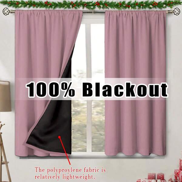 2pcs Lotus Pink Blackout Small Curtains, Rod Pocket Top, Lightweight, Black Lining, Polyester Fabric, Suitable For Kitchen, Bedroom, Cafe, Office, Room Darkening, Summer Shading