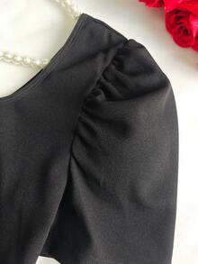 Black Square Neck Petal Sleeve Cinched Waist Top - Black - View 4