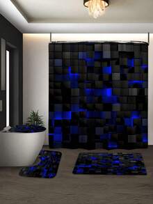 4pcs Geometric Square Pattern Shower Curtain Set, Shower Curtain With 12 Hooks, Non-Slip Bath Mat, U-Shaped Toilet Mat, Toilet Mat, Bathroom Decoration Accessories - A - View 7