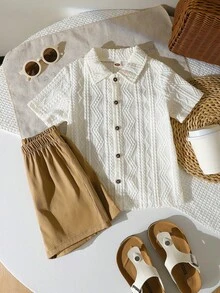2pcs/Set Toddler Boys' Fashionable Casual Polo Collar Mesh Wavy Pattern Short Sleeve Top And Solid Color Shorts Set, Summer - Apricot - View 1