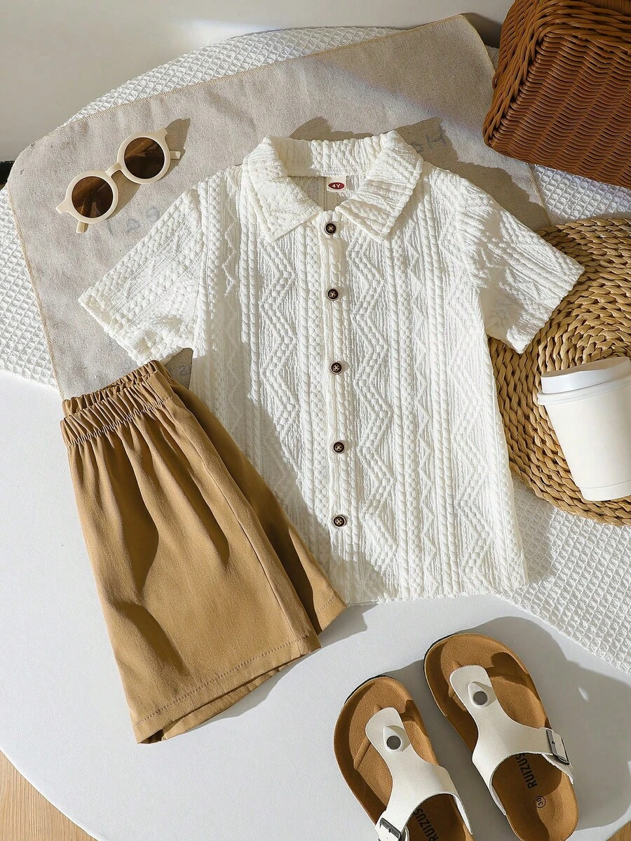 2pcs/Set Toddler Boys' Fashionable Casual Polo Collar Mesh Wavy Pattern Short Sleeve Top And Solid Color Shorts Set, Summer - Apricot - View 1