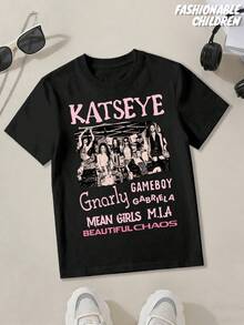 Local Spring And Autumn Style Crewneck Short-Sleeve Girls' Shirt - KATSEYE Members - Printed Design Crewneck T-Shirt, Patterned T-Shirt Pullover, Girls' Top. Made Of 100% Pure Cotton Soft Fabric, It Is Suitable As A Gift For Children On Back-To-School, Gatherings, Outdoor Activities Or Trips. - 黑色 - 查看 2