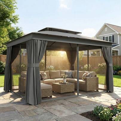 Outsunny 10' X 12.5' Outdoor Gazebo With Curtains And Netting,Double Roof Patio Gazebo Permanent Pavilion Canopy Shelter With Metal Frame,Hooks,UPF30+ Protection,Dark Grey