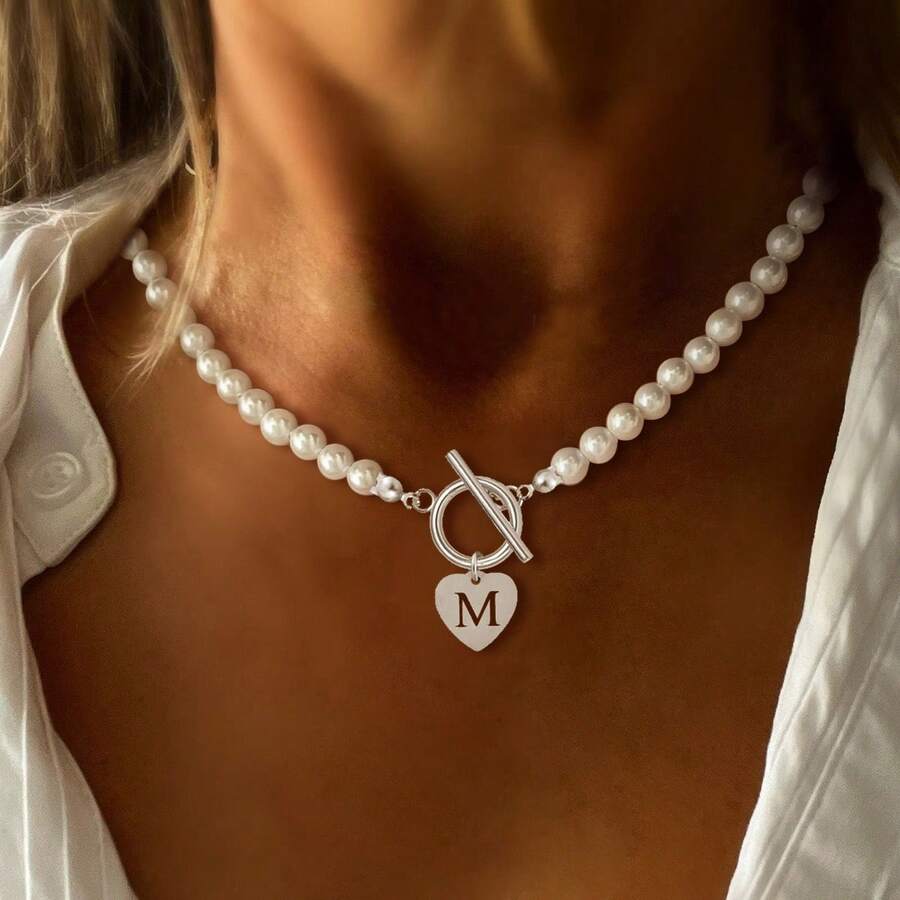 1pc Minimalist Silver Hollow Heart Letter Charm Chain Necklace For Women - Silver - View 1