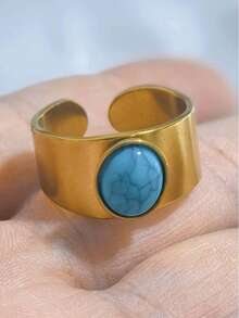 1pc Elegant Turquoise Stainless Steel Wide Band Minimalist Versatile Adjustable Ring - Yellow Gold - View 3