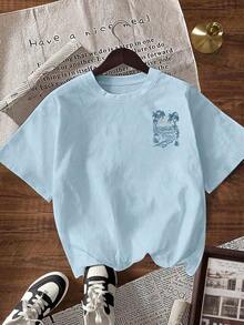 Camiseta informal de mujer de manga corta, cuello redondo y ajuste holgado con estampado de letras, para el verano - Celeste - Ver 2